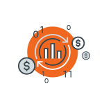 orange and white money and bar graph icon