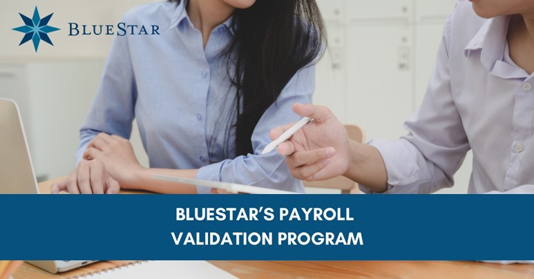 Two people discussing BlueStar's Payroll Validation Program 